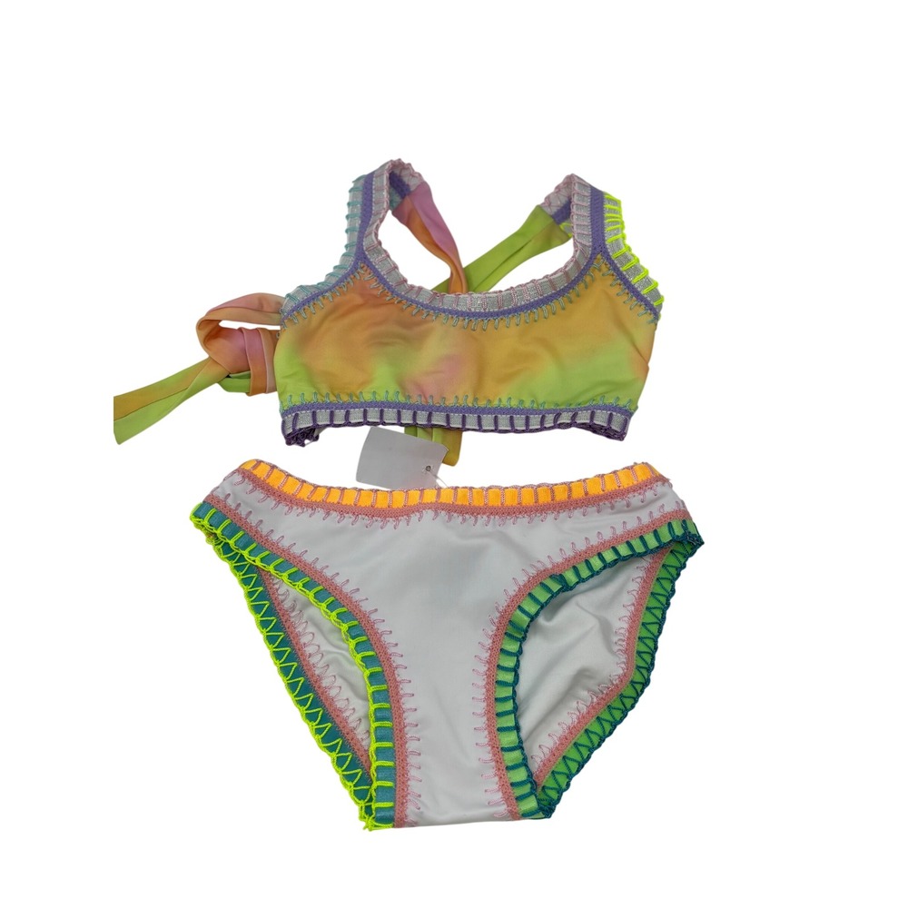 PQ Swim Kids Water Lily Embroidered Bikini Set Tie Dye Neon Orange Green Size 8